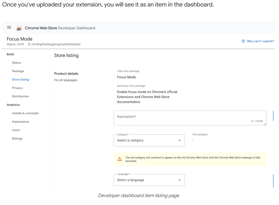 placeholder: Chrome Web Store Developer Dashboard 的截图，展示插件上传和信息填写界面p2